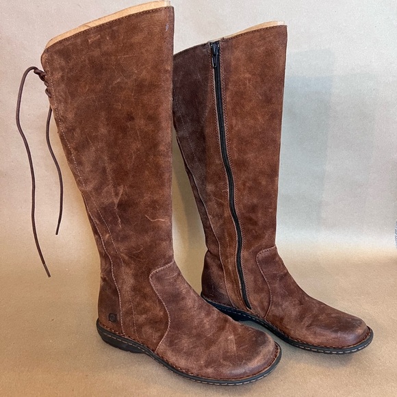 NWOB Born Women's Caladium Tall Lace Brown Leather Boots Flat Round Toe US 6.5 - Picture 1 of 10